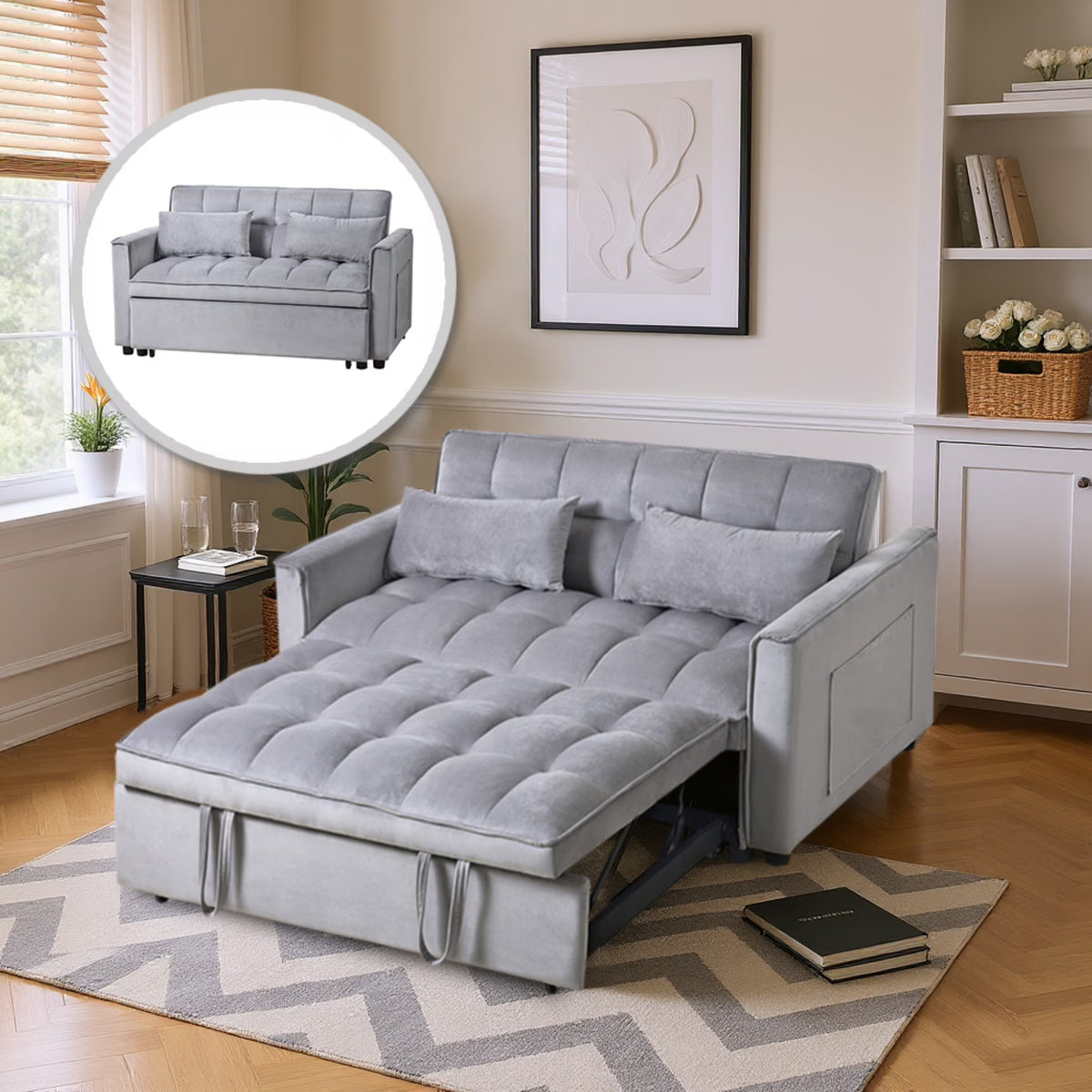 Gewnee 55'' Modern Convertible Velvet Sofa Bed with Pull-Out Twin Bed, Adjustable Backrest for Living Room, Office (Dark Gray)
