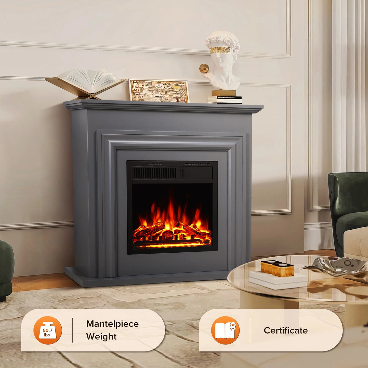 KISSAIR Electric Fireplace Mantel Wooden Surround Firebox, Free Standing Fireplace, with Remote Control, Adjustable LED Flame, 750W/1500W -White