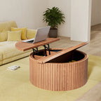 Oubayajia Round Coffee Table with Storage, Wood Lift Top Coffee Table, Waveform Panel, Natural