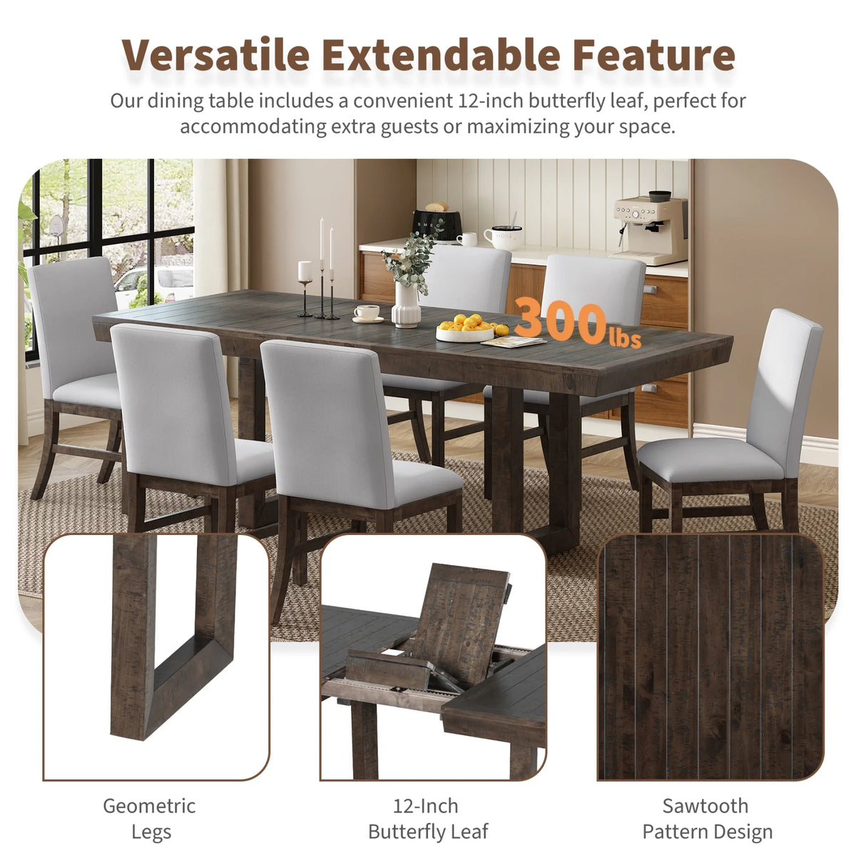 Harper & Bright Designs Farmhouse 7 Pieces Extendable Dining Table Set for 6, Solid Wood Kitchen Table with Butterfly Leaf and 6 Upholstered Chairs, Brown
