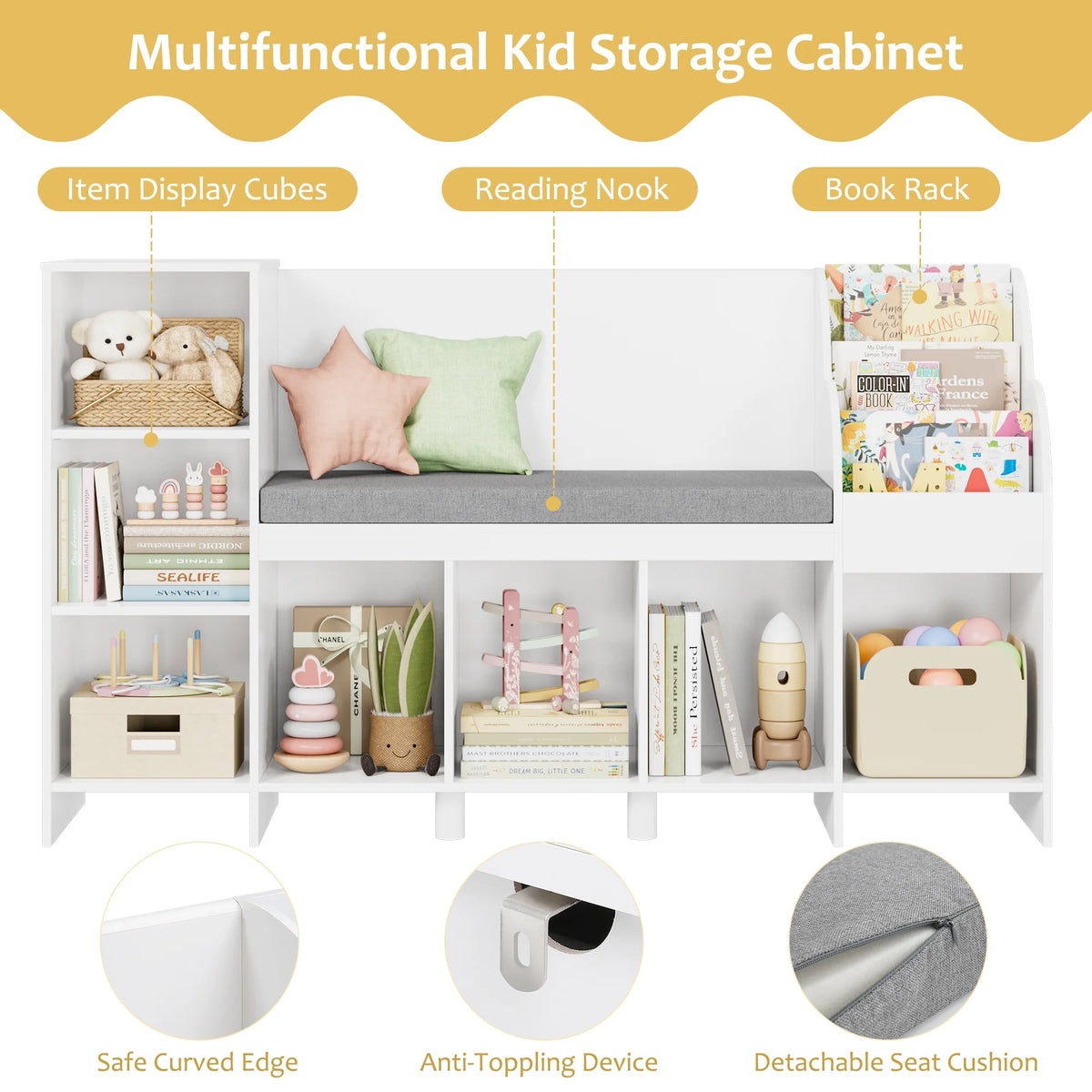 Homfa Kids Bookcase with Reading Nook, Wooden Kids Bookshelf and Storage Toy Cube Organization with Adjustable Shelf, 31.5'' H x 54.5'' W, White