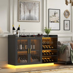 Wine Bar Cabinet with LED Lights, Floating Coffee Bar with Glass Rack and Removable Wine Racks, Modern Buffet Sideboard with Storage Shelves, Kithchen Bar with Glass Cabinet Doors