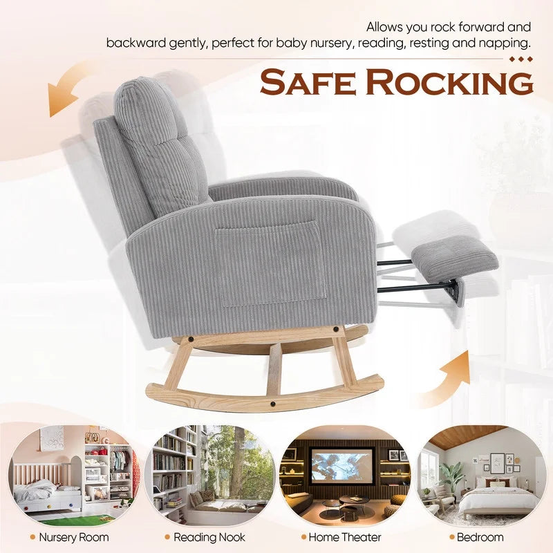 FFH Rocking Chair Nursery, Tufted Accent Rocker Chair, Upholstered Armchair with Adjustable Footrest, Side Pocket, High Backrest, Padded Seat, Polyester Blend (Retro, Dark Gray)