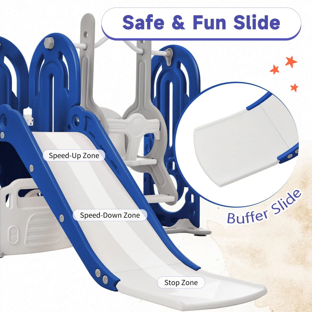 5 in 1 Toddler Swing and Slide Set with Climber, Kids Playground Climber Slide Playset with Safety Belt, Armrest, Basketball Hoop, High Adjustable Baby Swing Set for Indoor Outdoor Backyard, Blue