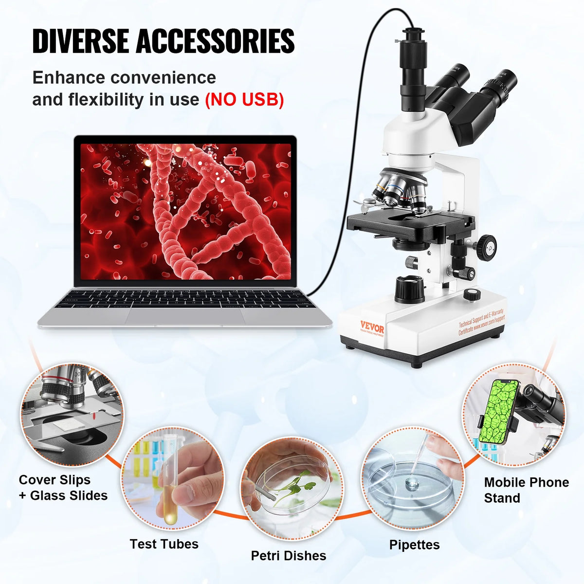 VEVOR Compound Trinocular Microscope, 40X-5000X Magnification Trinocular Compound Lab Microscope with Two-Layer Mechanical Stage, External Interface, LED Illumination and Microscope Slides Included