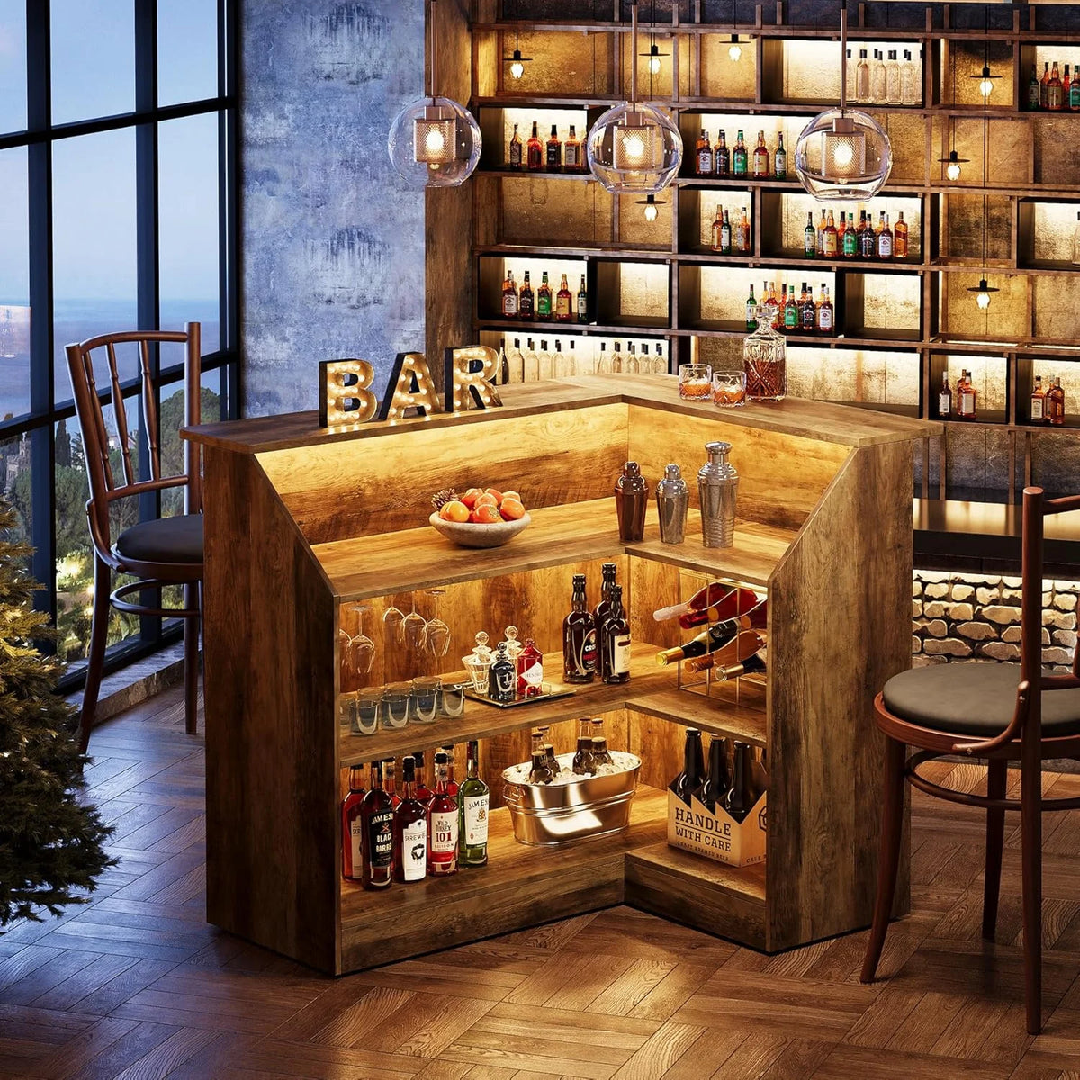 Tribesigns Bar Cabinet, L-Shaped Home Bar Table with Stemware Racks