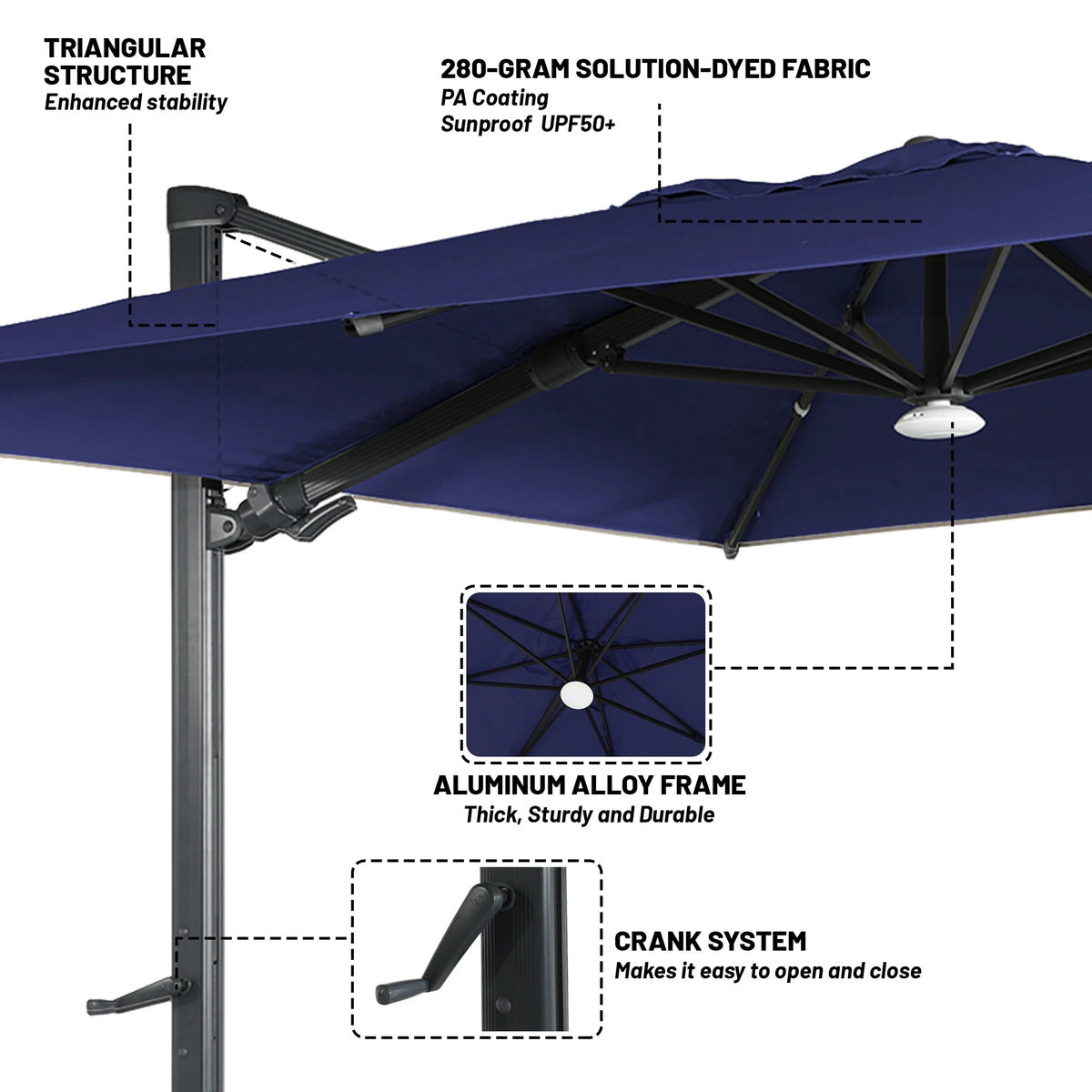 Boyel Living Cantilever Outdoor Patio Umbrellas, with Bluetooth Ambient Light & Base, Offset Square Umbrella for Pool Deck Garden Backyard, Navy Blue