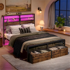 Pinmoco LED Queen Bed Frame with 49.2" High Storage Headboard and 4 Drawers, Adjustable Base Height Metal Platform Bed with Charging Station, Rustic