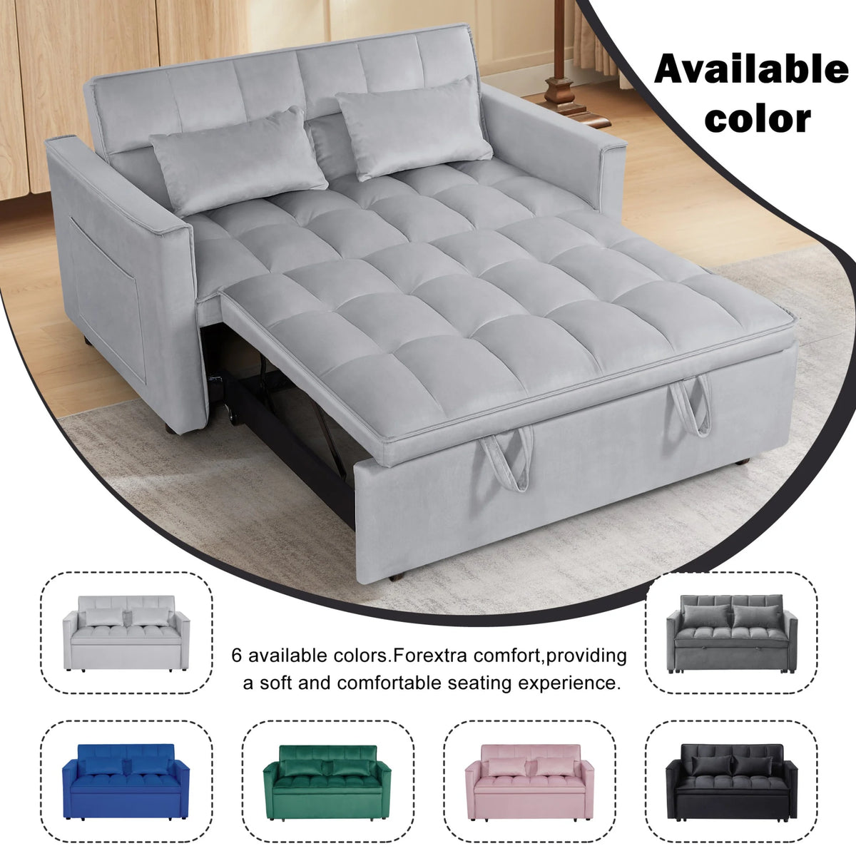 Gewnee 55'' Modern Convertible Velvet Sofa Bed with Pull-Out Twin Bed, Adjustable Backrest for Living Room, Office (Dark Gray)
