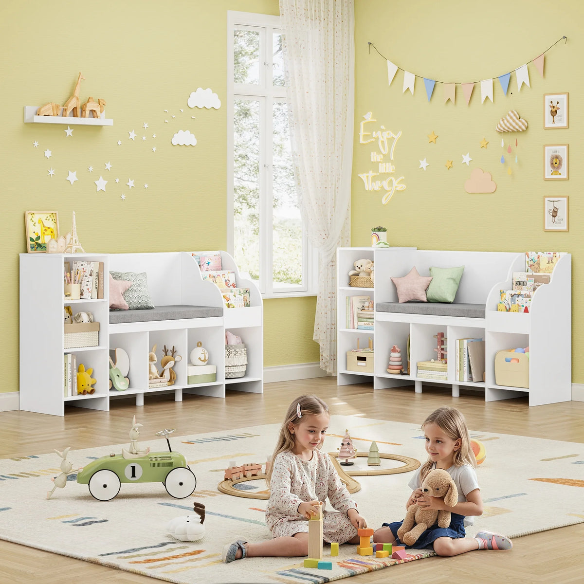 Homfa Kids Bookcase with Reading Nook, Wooden Kids Bookshelf and Storage Toy Cube Organization with Adjustable Shelf, 31.5'' H x 54.5'' W, White