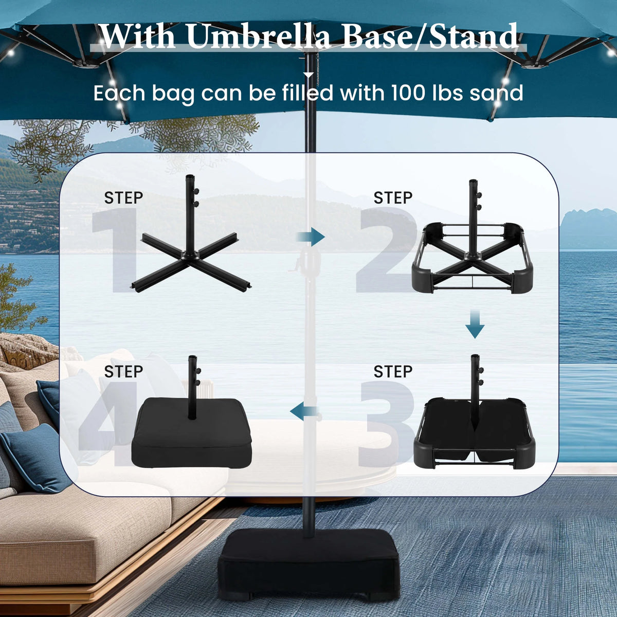 Summit Living 15 FT Double-Sided Solar Patio Umbrella with Base Large Outdoor Umbrella with LED Solar Lights - Haze Blue
