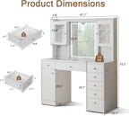 iPormis Vanity Desk with Mirror and Lights, Glass Top Makeup Vanity with RGB Light and  Charging Station for Girls , White