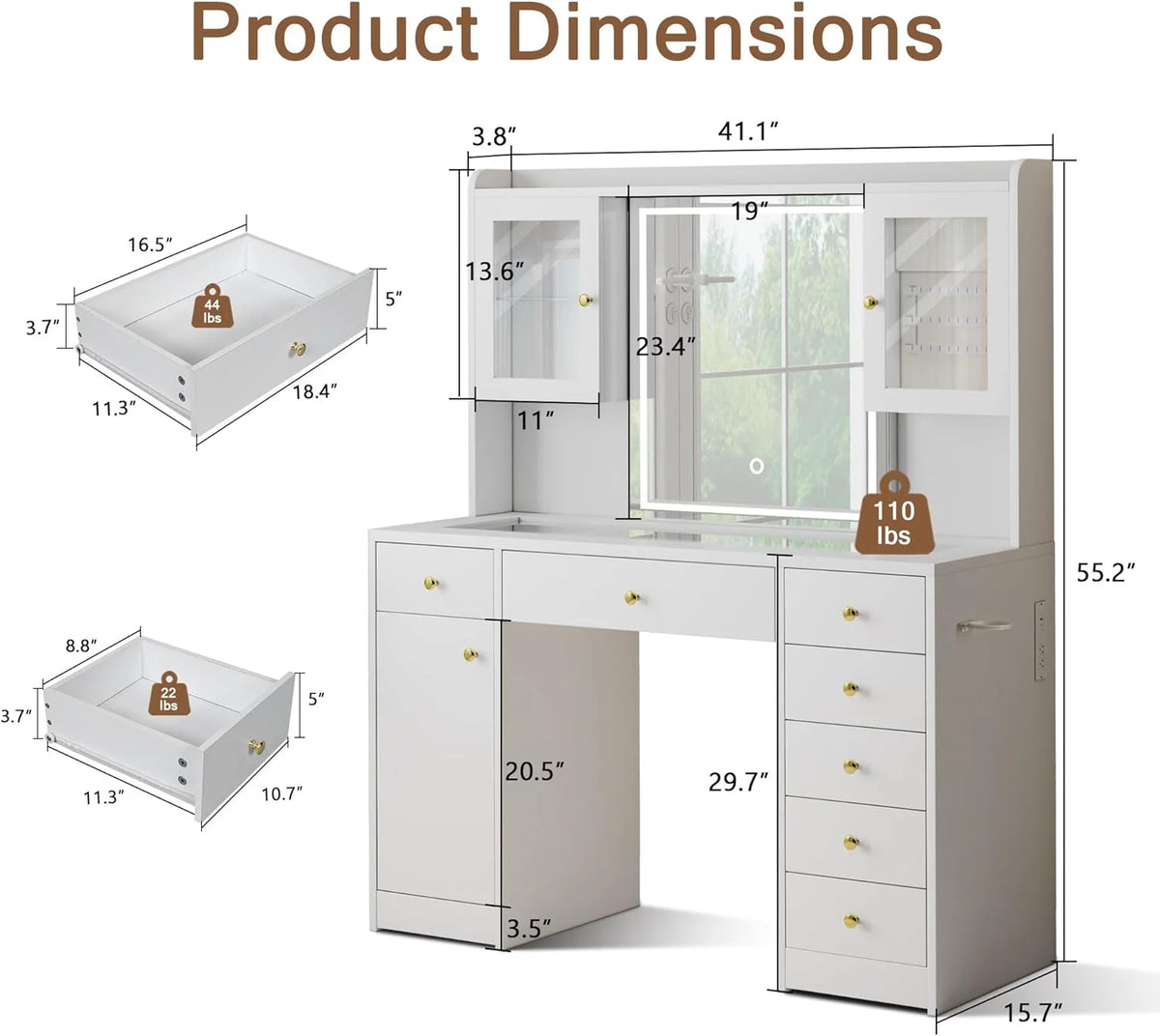 iPormis Vanity Desk with Mirror and Lights, Glass Top Makeup Vanity with RGB Light and  Charging Station for Girls , White
