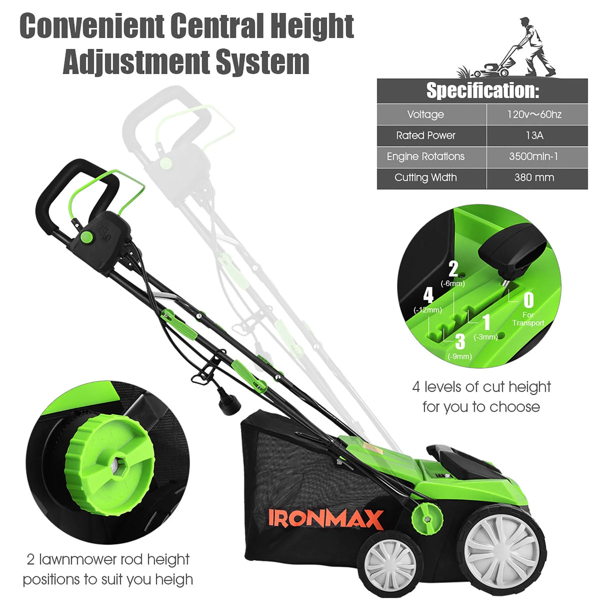 IronMax 13Amp Corded Scarifier 15" Electric Lawn Dethatcher w/50L Collection Bag Orange