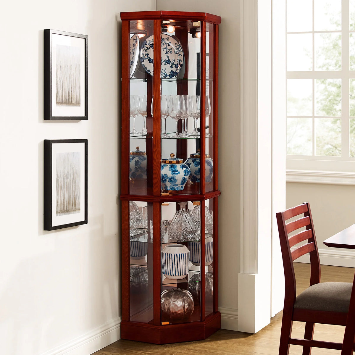 Walnut Cabinet With 6 Shelves, Adjustable Glass & Mirrored Back Design Shelf Lighted Corner Curio Shelves In