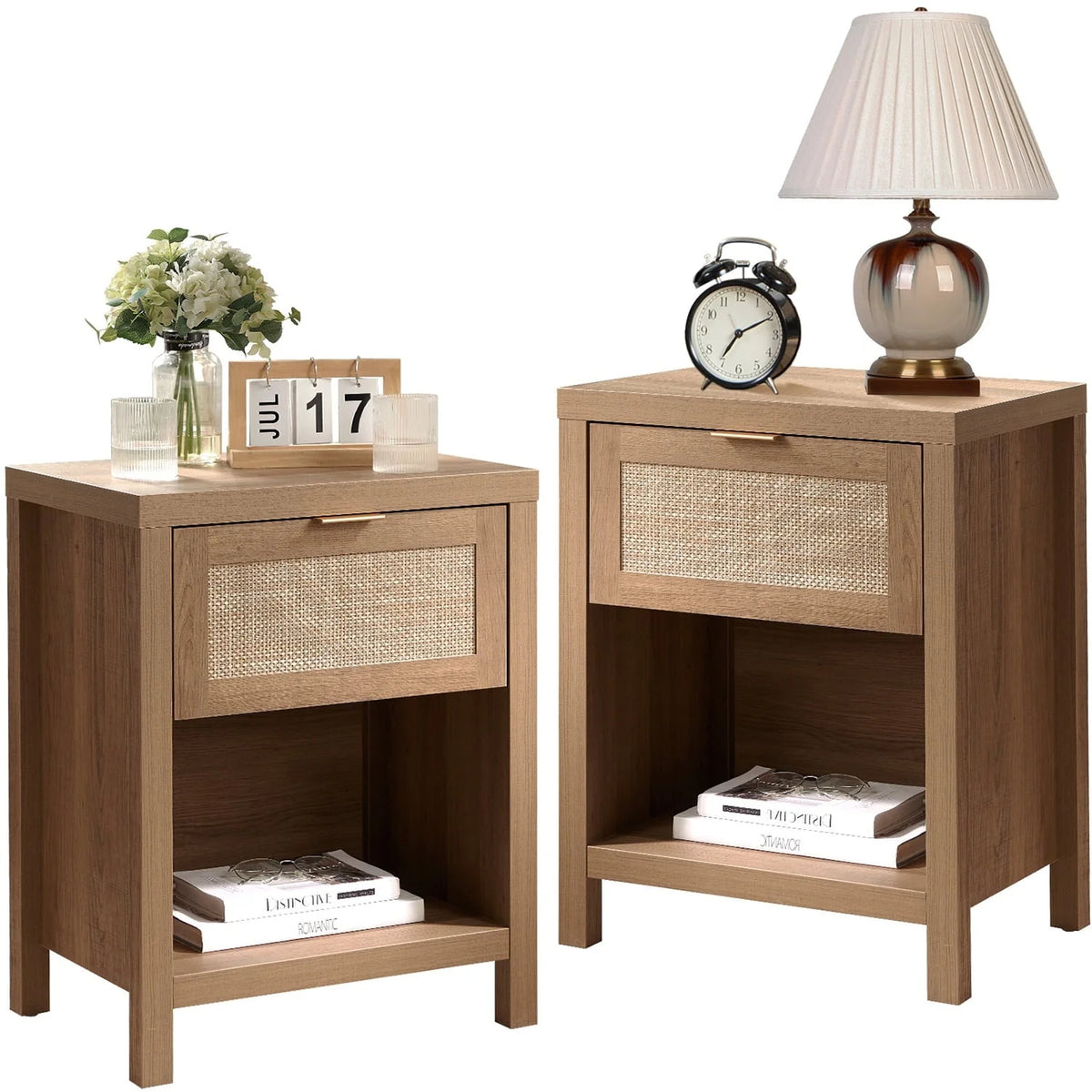 Surmoby Rattan Nightstand Set of 2,Farmhouse Bedside Tables with Drawer and Storage Shelf,Natural Boho End Table Side Table for Bedroom,Living Room