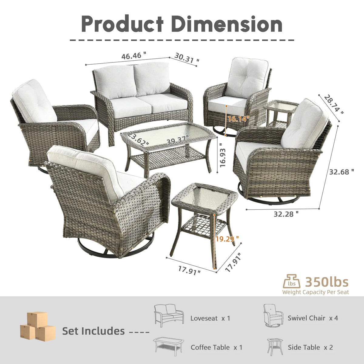 Ovios 5 Pieces Outdoor Patio Furniture Set High Back All Weather Wicker Conversation Set with Swivel Chairs & Coffee Table, Dark Gray