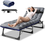 SLSY Folding Camping Cot with 2 Sided Cushion & Pillow, Adjustable 5-Position Outdoor Portable Folding Lounge Chair, Folding Sleeping Cots Bed