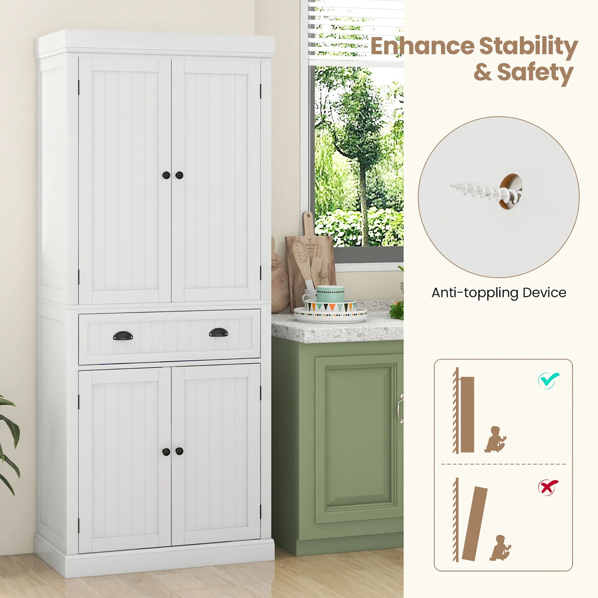 Gymax 72'' Kitchen Pantry Storage Cabinet Tall Freestanding Cupboard w/ 4 Doors Large Drawer White