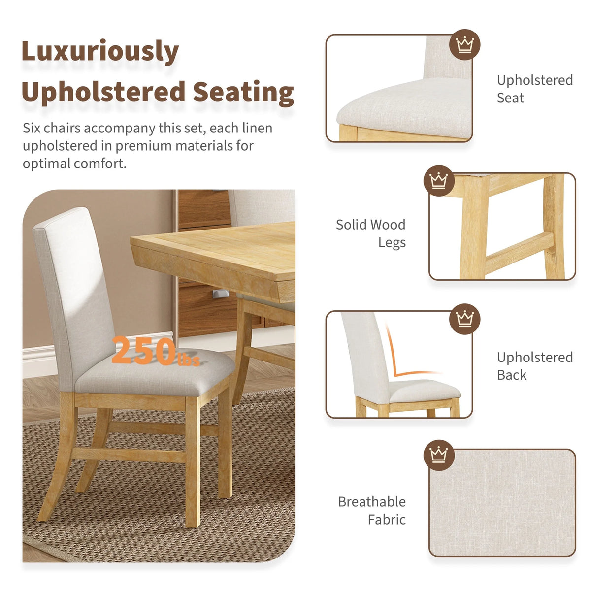 Harper & Bright Designs Farmhouse 7 Pieces Extendable Dining Table Set for 6, Solid Wood Kitchen Table with Butterfly Leaf and 6 Upholstered Chairs, Brown