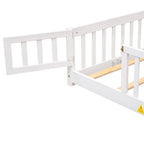 UHOMEPRO Twin Size Floor Bed with Door and Fence, Montessori Floor Bed with Slats and Safety Guardrails, Solid Wood Twin Bed Frame for Bedroom, White