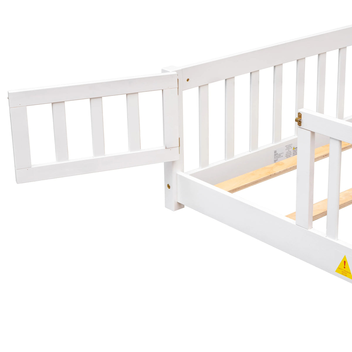 UHOMEPRO Twin Size Floor Bed with Door and Fence, Montessori Floor Bed with Slats and Safety Guardrails, Solid Wood Twin Bed Frame for Bedroom, White