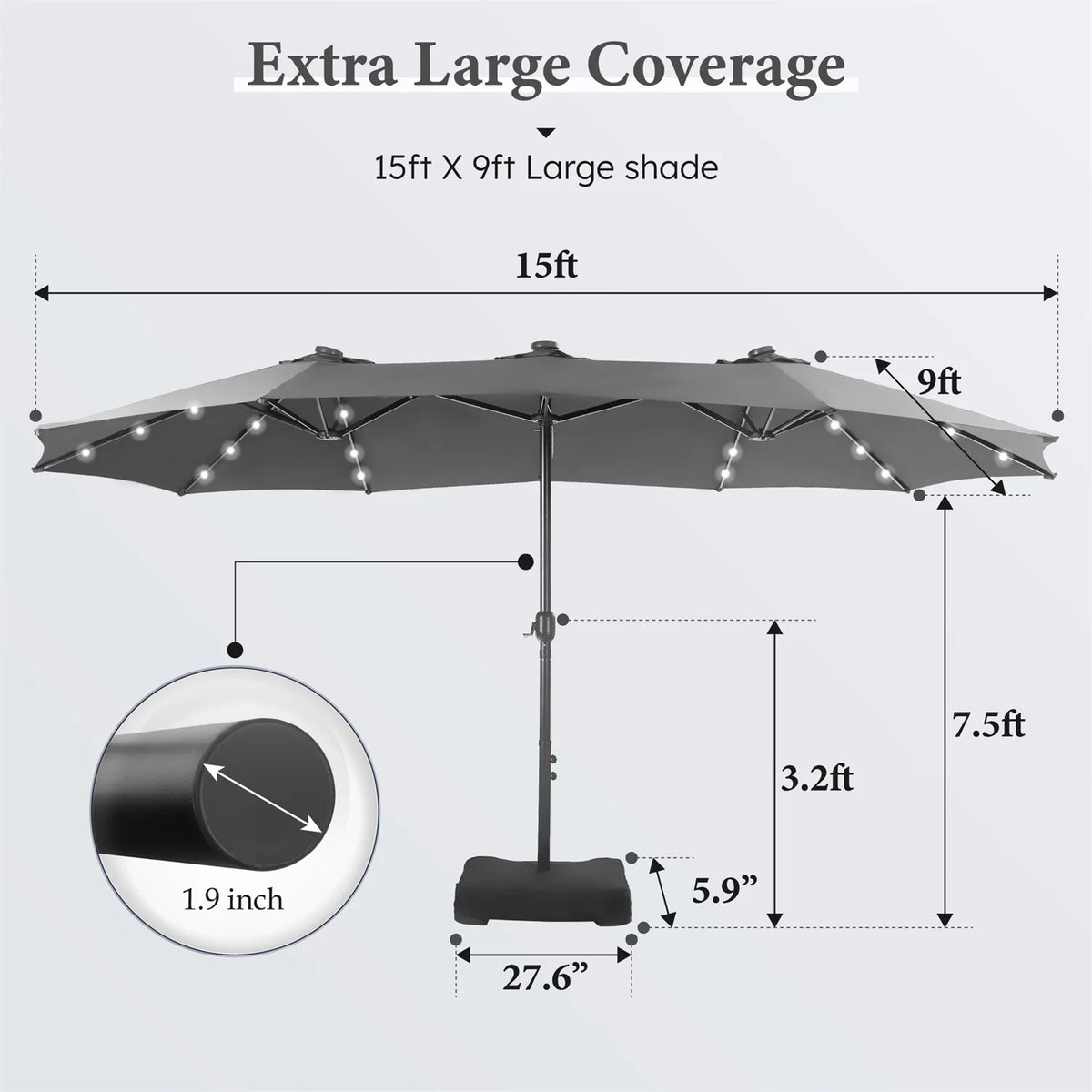 Summit Living 15 FT Double-Sided Solar Patio Umbrella with Base Large Outdoor Umbrella with LED Solar Lights - Haze Blue