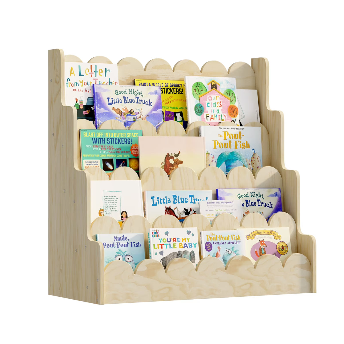 Montessori Wood Kids Bookshelf - Scalloped 4-Tier Front-Facing Book Display, Nursery Organizer for Toddler/Baby Books & Toys, Gender-Neutral Classroom Playroom Storage