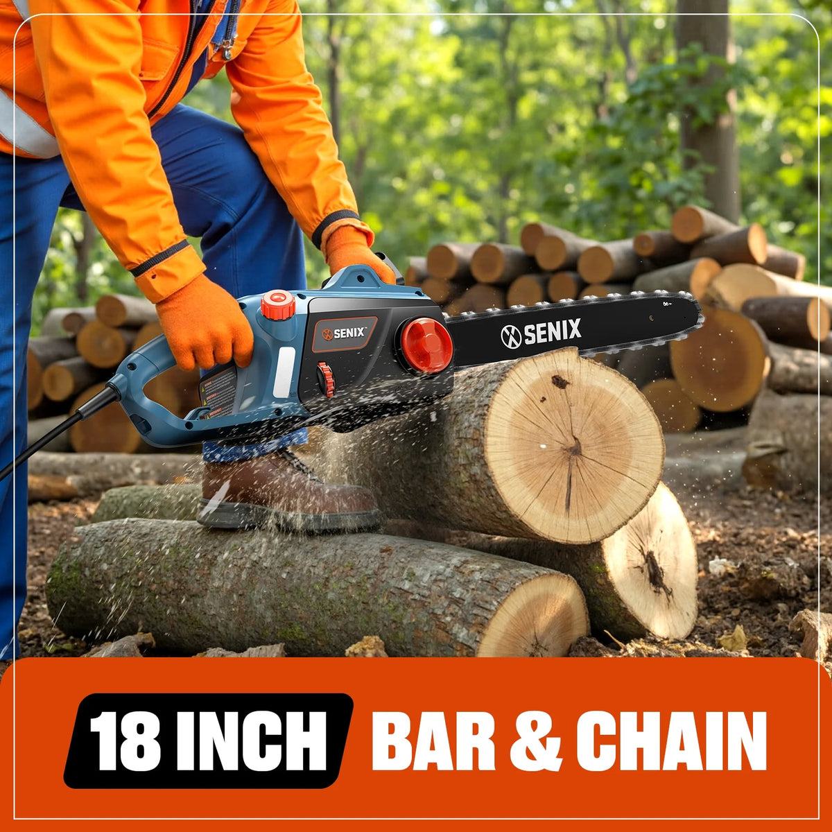 SENIX 15 Amp Electric Corded Chainsaw, 18-Inch Bar and Chain, Automatic Oiler, Tool-Free Chain Tension, CSE15-M