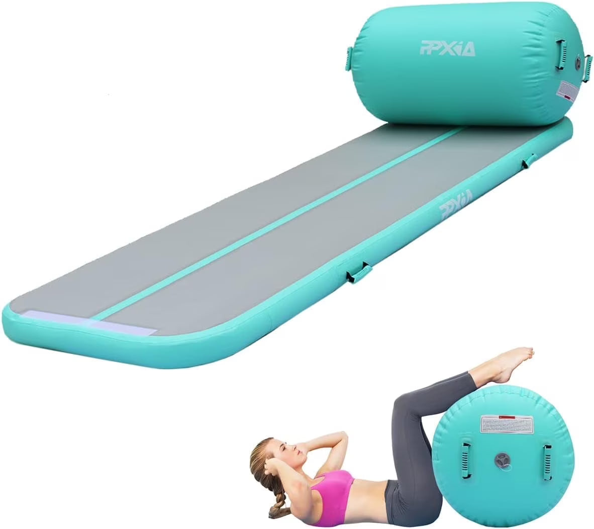 Gymnastics Mat Set 10FT Inflatable Tumbling Mat, 39*24 inch Air Roller Gymnastics Barrel and 3 Air Block with 800W Air Pump for Training Cheerleading Home Use Yoga and Water Use