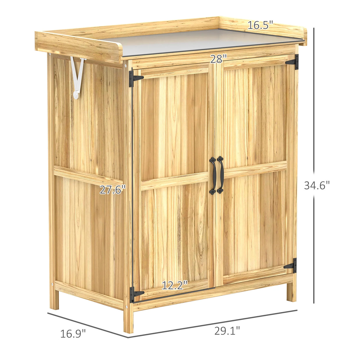 Outsunny Outdoor Garden Shed, Wooden Backyard Shed with Metal Tabletop, Shelf and 2 Doors for Patio, Lawn, Gray