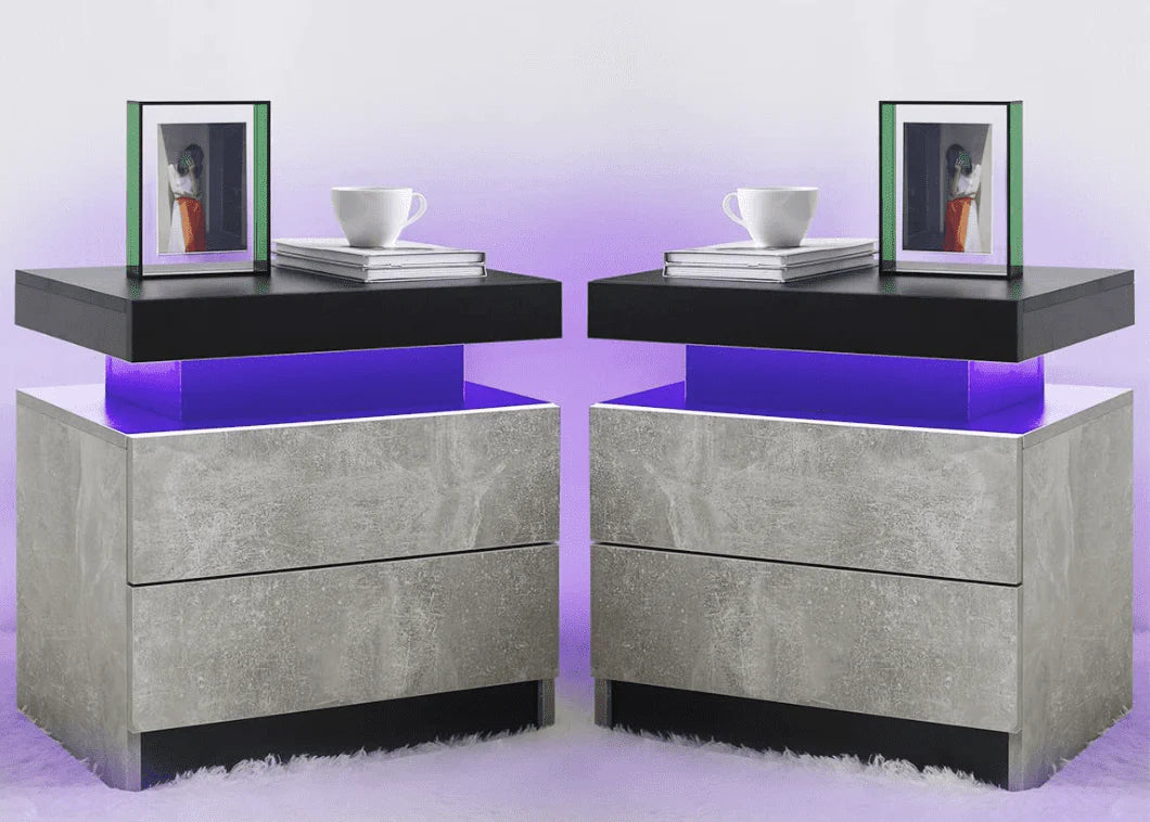 LED Nightstand Set of 2, Modern Bedside Table with 2 Drawers Storage Space, Adjustable Colors LED Light, Black