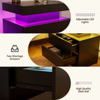 LED Nightstand Set of 2, Modern Bedside Table with 2 Drawers Storage Space, Adjustable Colors LED Light, Black