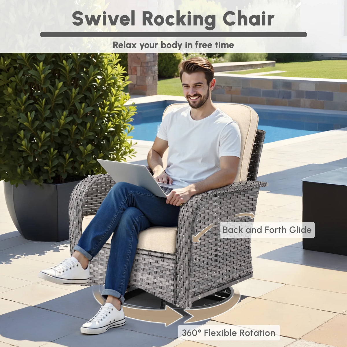 Ovios 5 Pieces Outdoor Patio Furniture Set High Back All Weather Wicker Conversation Set with Swivel Chairs & Coffee Table, Dark Gray