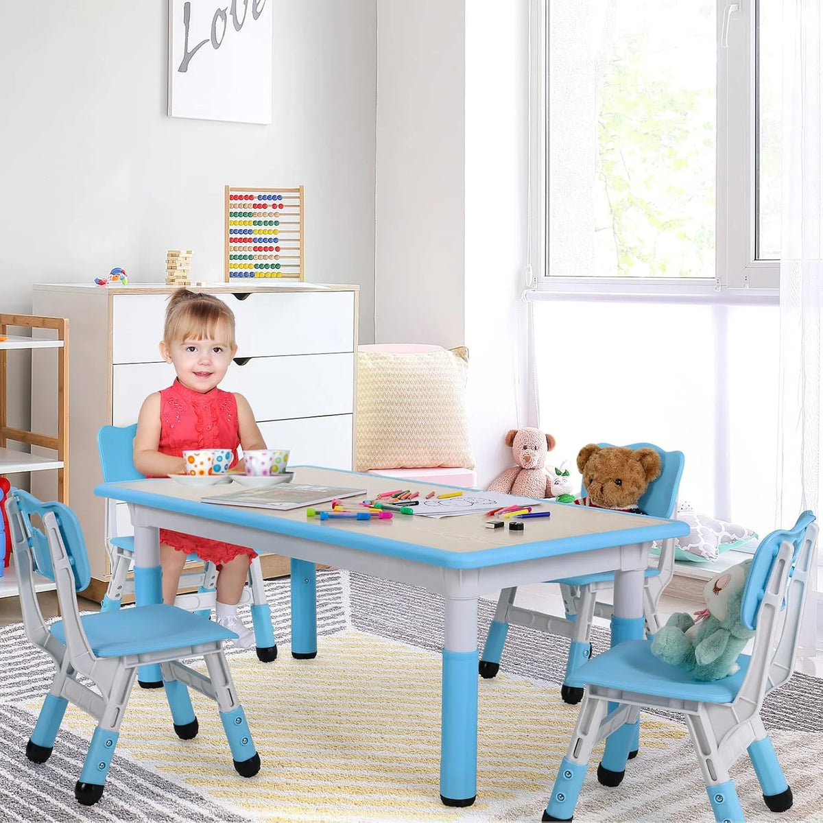 LAZY BUDDY Kids Table and 4 Chairs Set, Height Adjustable Toddler Desk with Graffiti Desktop, Kids Activity Table Set for Daycare, Home