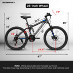 Mountain Bike 26 inch Wheels, 21-Speed Full Suspension Mens Womens Trail Commuter City Mountain Bike, Carbon Steel Frame Disc Brakes Thumb Shifter Front Fork Rear Shock Absorber Bicycles