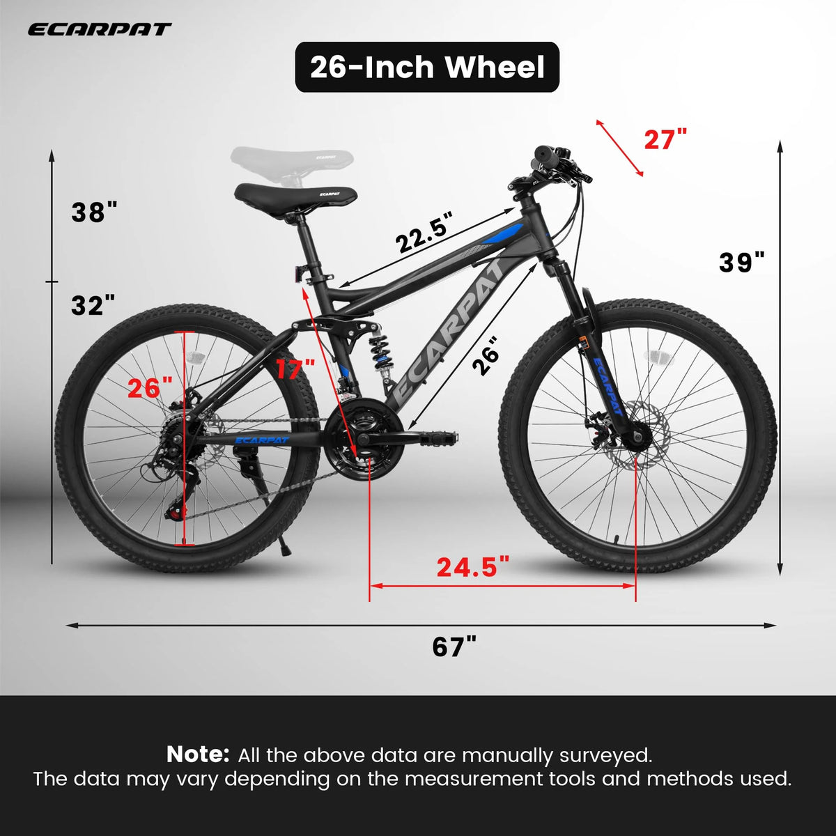 Mountain Bike 26 inch Wheels, 21-Speed Full Suspension Mens Womens Trail Commuter City Mountain Bike, Carbon Steel Frame Disc Brakes Thumb Shifter Front Fork Rear Shock Absorber Bicycles