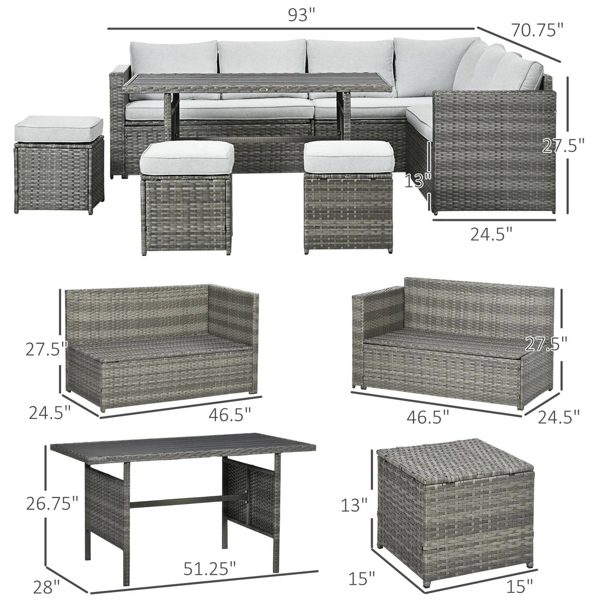 Resenkos Wicker Outdoor Patio Furniture Set, L-Shaped 7 Pieces Outdoor Dining Sectional Sofa, Gray