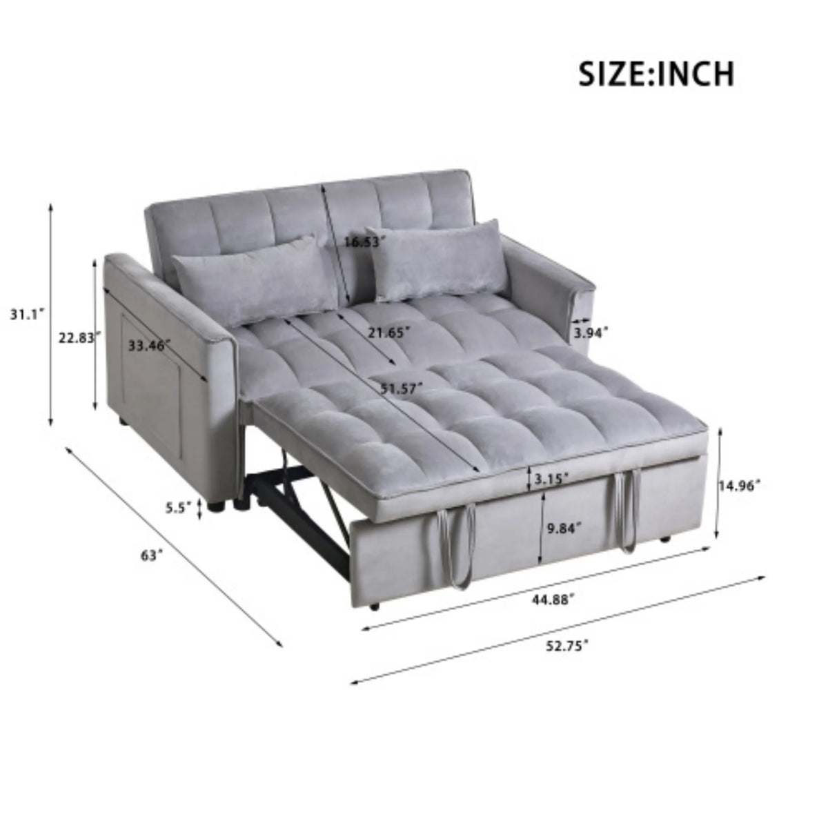 Gewnee 55'' Modern Convertible Velvet Sofa Bed with Pull-Out Twin Bed, Adjustable Backrest for Living Room, Office (Dark Gray)