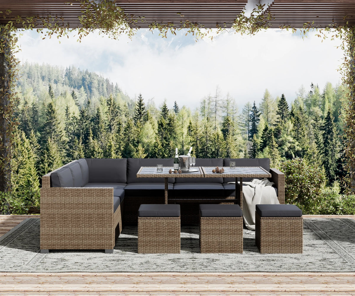 Bifanuo 7 Piece Patio Furniture Set, Outdoor Furniture Patio Sectional Sofa, All Weather PE Rattan Outdoor Sectional with Beige Cushions and Table, Black Wicker