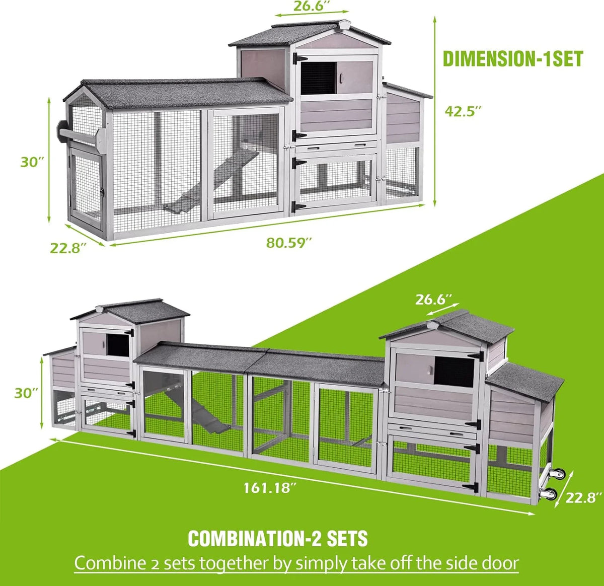 MEDEHOO 80" Mobile Chicken Coop with Wheels - Weatherproof Wooden Hen House, Outdoor Poultry Cage & Nesting Box Run, Expandable Design