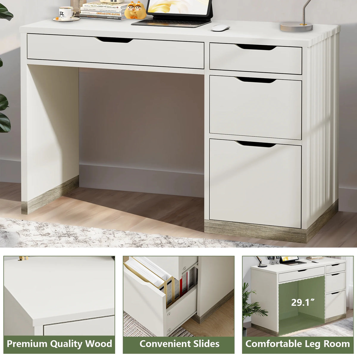 DreamCurship White Desk with Drawers, Modern Computer Desk with File Drawers, Home Office Study Writing Desk with Storage, White