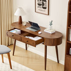 YOCWO Modern Home Office Desk with  2 Drawers and 2 Fflip-top Storage, Oval Computer PC Desk Table, Vanity Desk with Fluted Curved Table Edge, Walnut