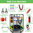 Mini Round Trampoline for Kids with Basketball Hoop, SEGMART 55'' Indoor Outdoor Toddler Trampoline with Enclosure Net, Swing, Sandbag, Ring, Ocean Balls, Small Trampoline Gift for Boys Girls, Blue