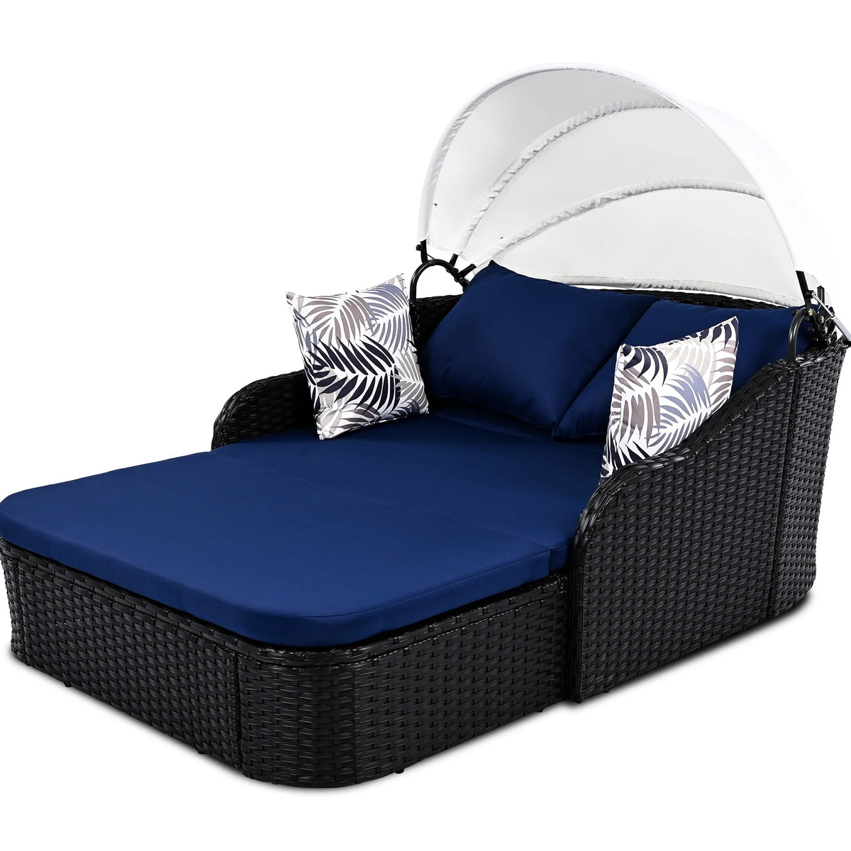 Outdoor Sun Lounger With Adjustable Canopy And Relaxing Pillow - Pe Black Blue Cushion 79.9" Daybed Cozy