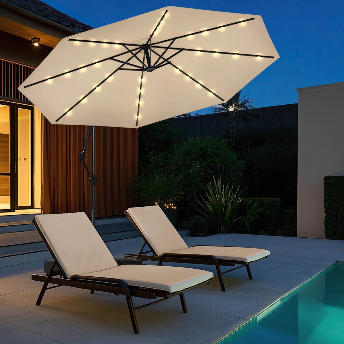 Costway 10 FT Solar Offset Hanging Umbrella Patio Cantilever Umbrella with 32 LED Lights Brown
