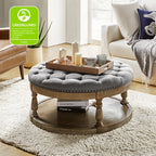 36'' Wide Blue Round Large Ottoman Tufted Coffee Table with Storage Wood Legs Home Living Room