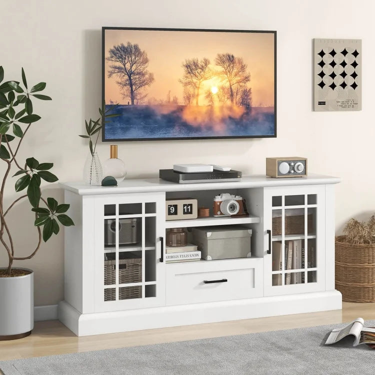 TV Stand for TVs up to 70  with Glass Doors Cubbies and Drawer