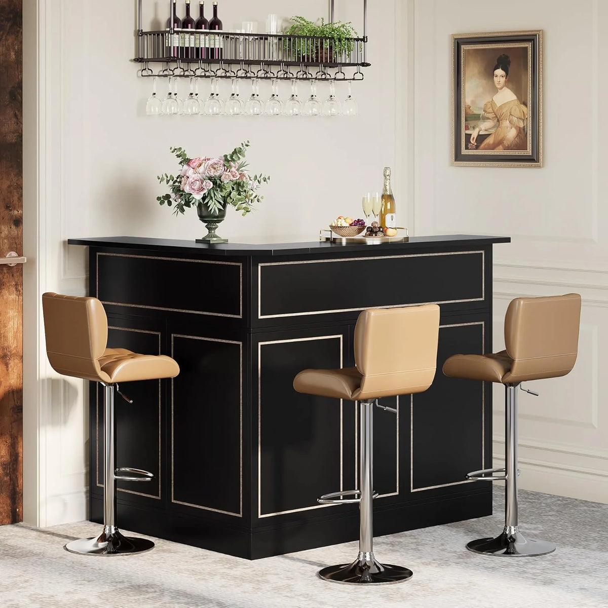 Tribesigns Bar Cabinet, L-Shaped Home Bar Table with Stemware Racks