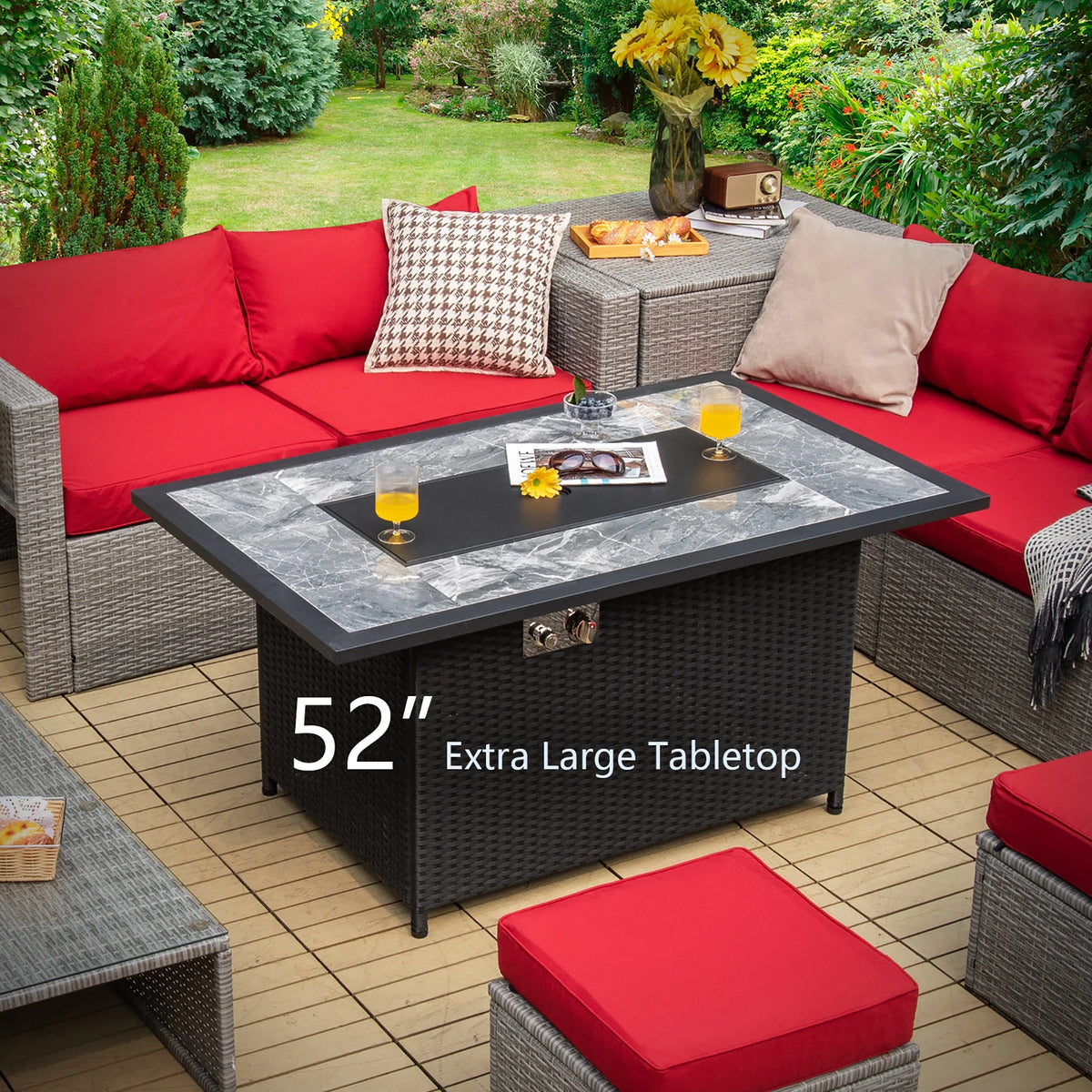 Costway 52'' Propane Fire Pit Table Marble Tabletop Rattan Wicker w/ Rain Cover Lava Rock